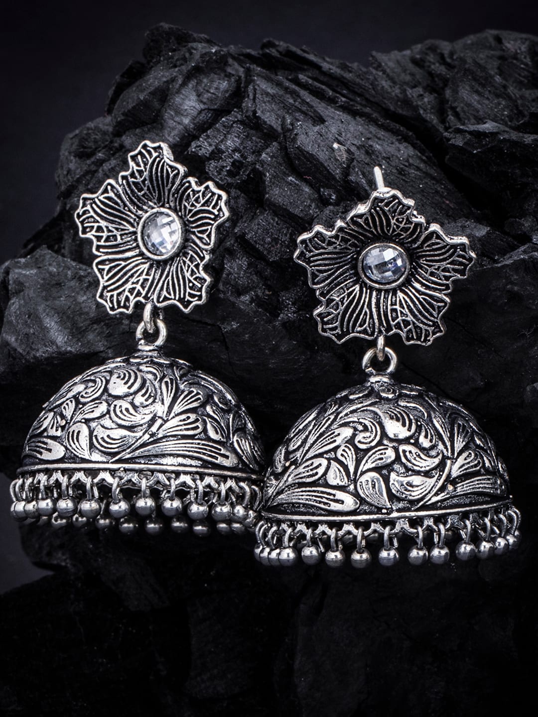 Sukkhi Oxidized Rhodium-Plated Floral Dome Shaped Jhumkas, Silver