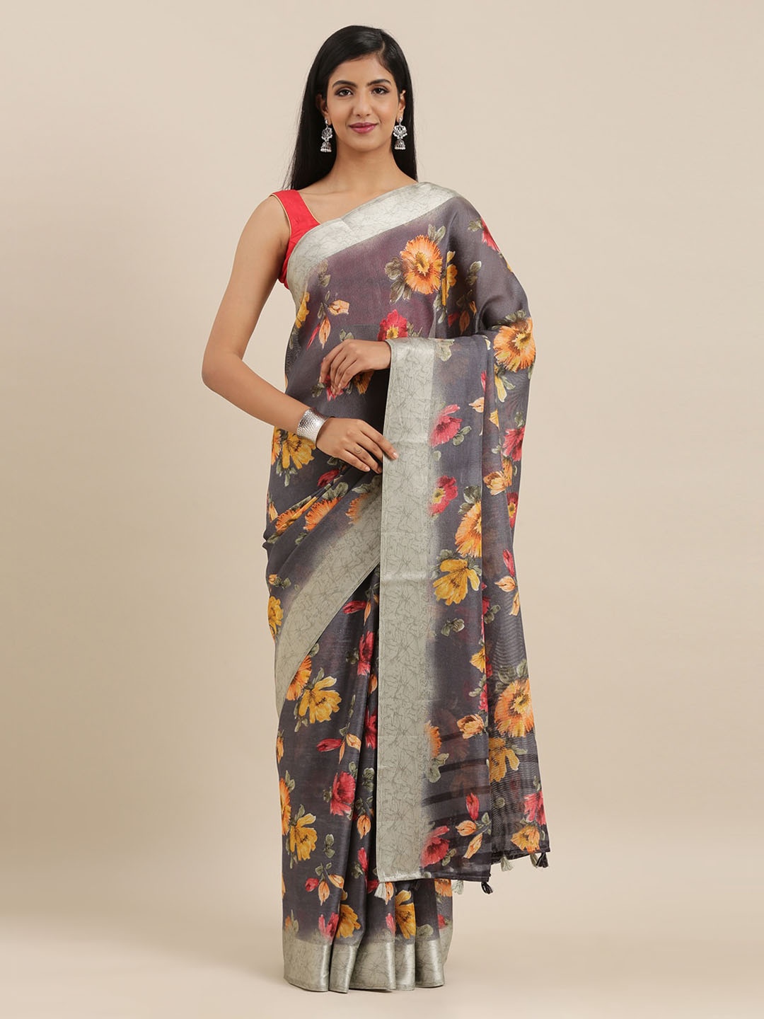 

The Chennai Silks Grey & Yellow Polyester Printed Bhagalpuri Saree