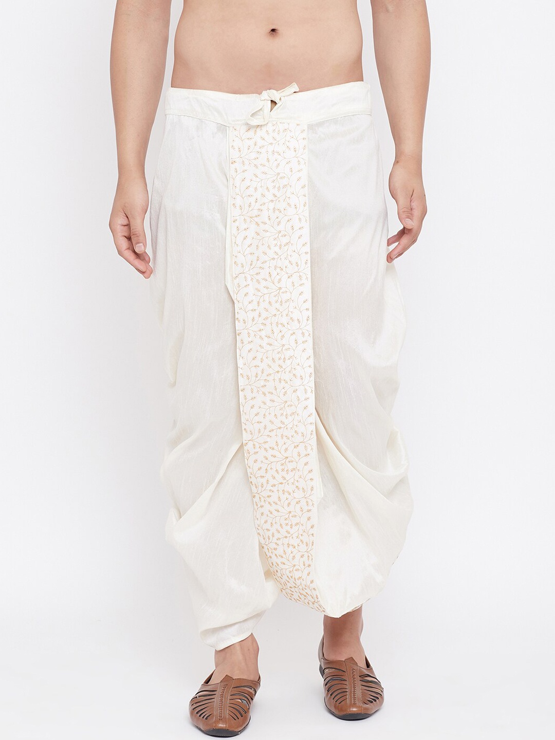 

VASTRAMAY Men Cream-Coloured Embroidered Dhoti