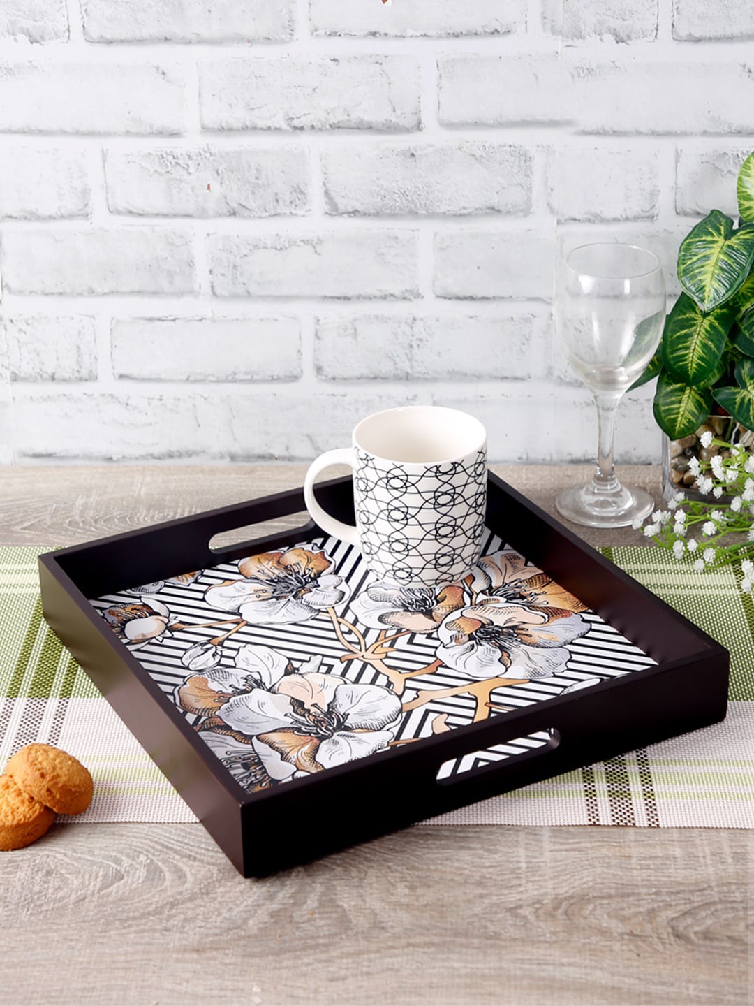 

Reinvention Factory Black White And Beige Geometric Flower MDF Square Multipurpose Serving Tray
