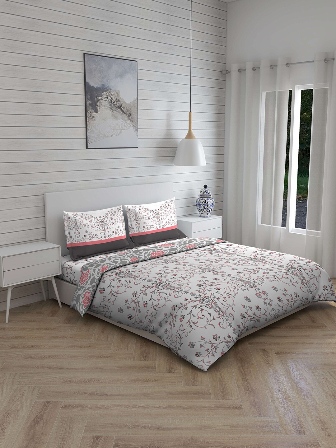 

Layers Pink & Grey Floral 148 TC Double King Bedding Set