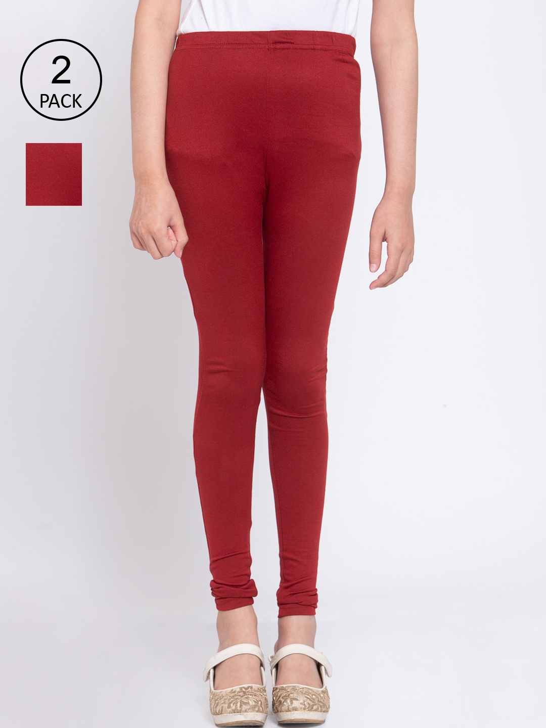 

KLOTTHE Girls Pack Of 2 Red Solid Ankle-Length Leggings