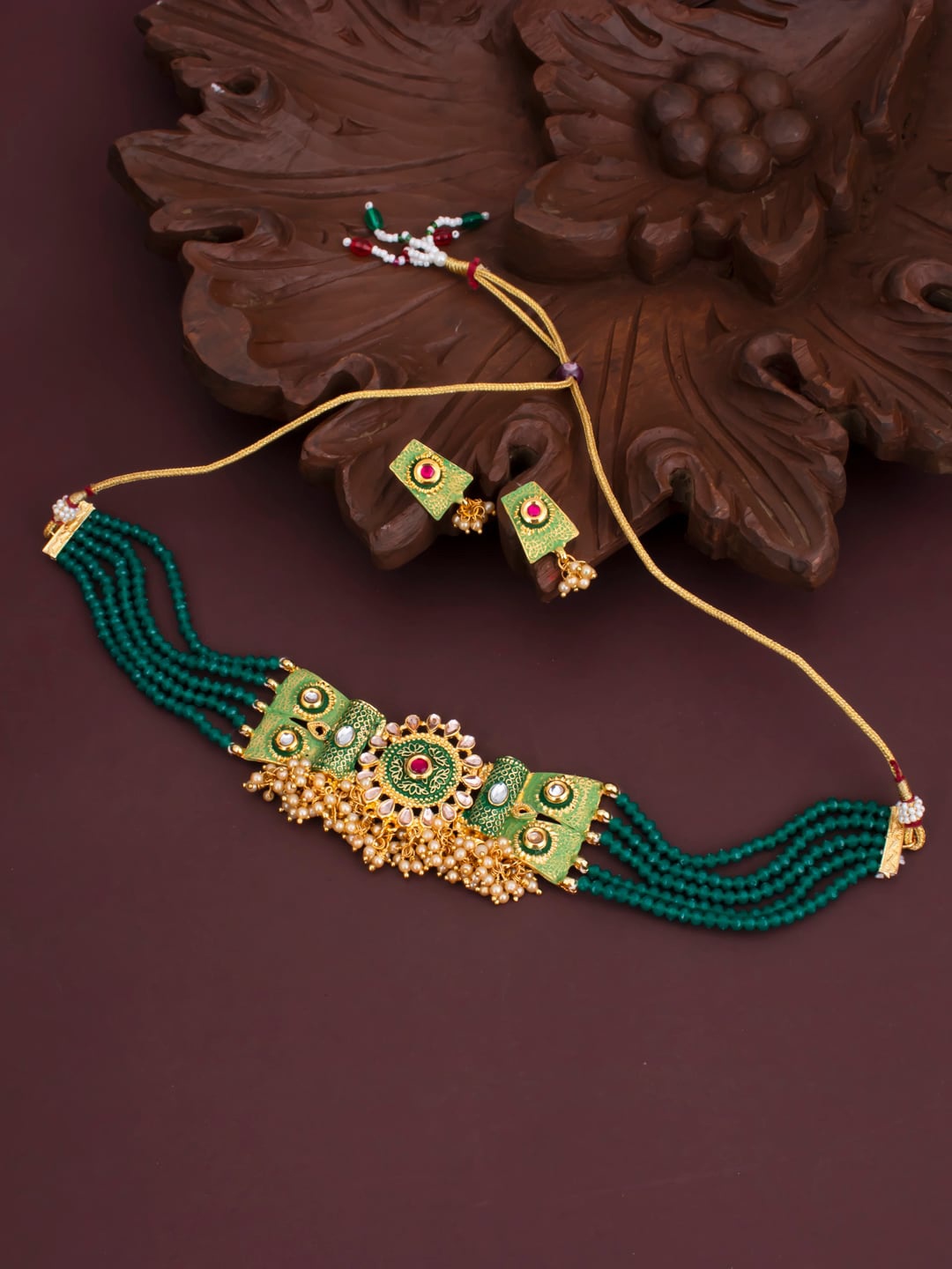 

Sukkhi Gold-Plated Teal Blue & Green Kundan-Studded Beaded Meenakari Jewellery Set
