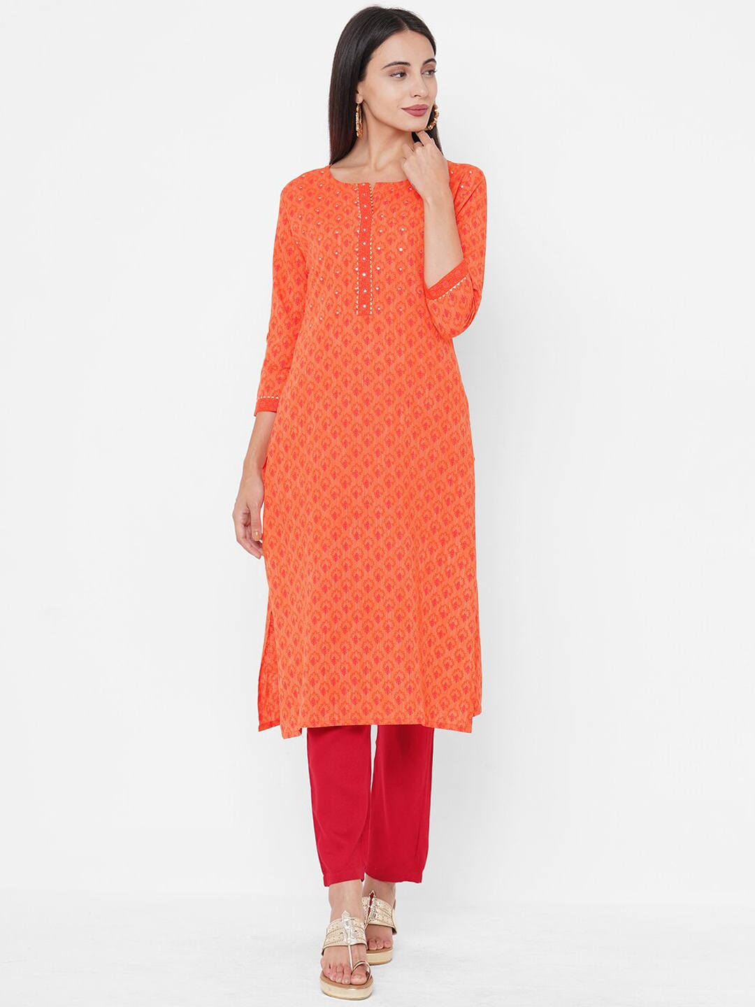 

FASHOR Women Orange Ethnic Motifs Thread Work Kurta