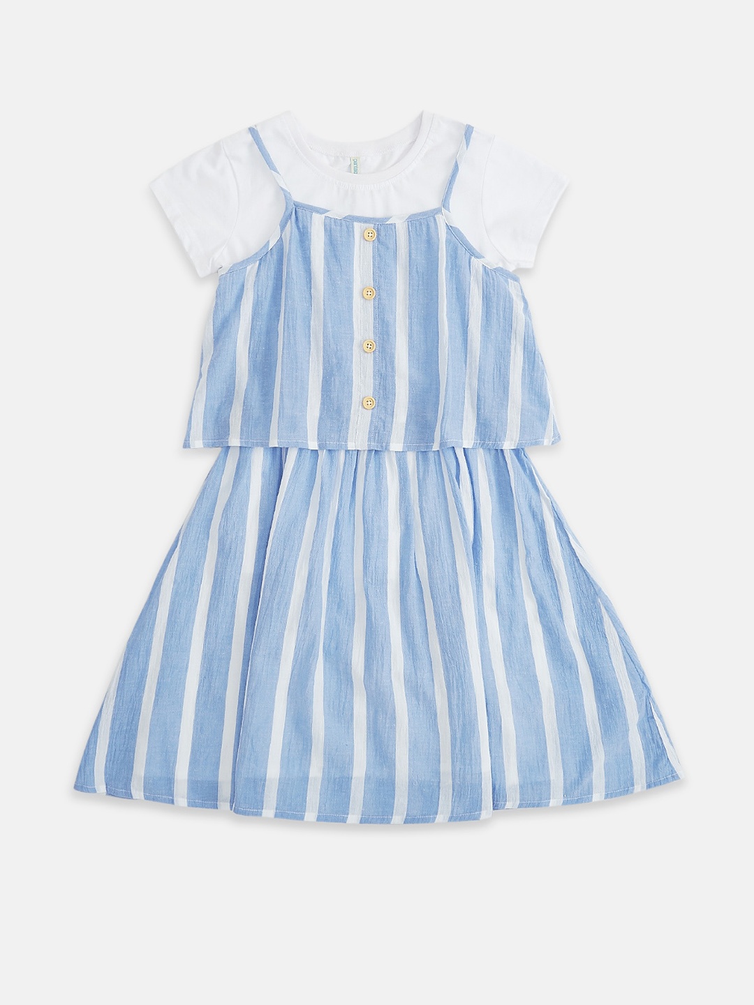 Pantaloons Junior Girls Blue Striped A-Line Dress with Tshirt