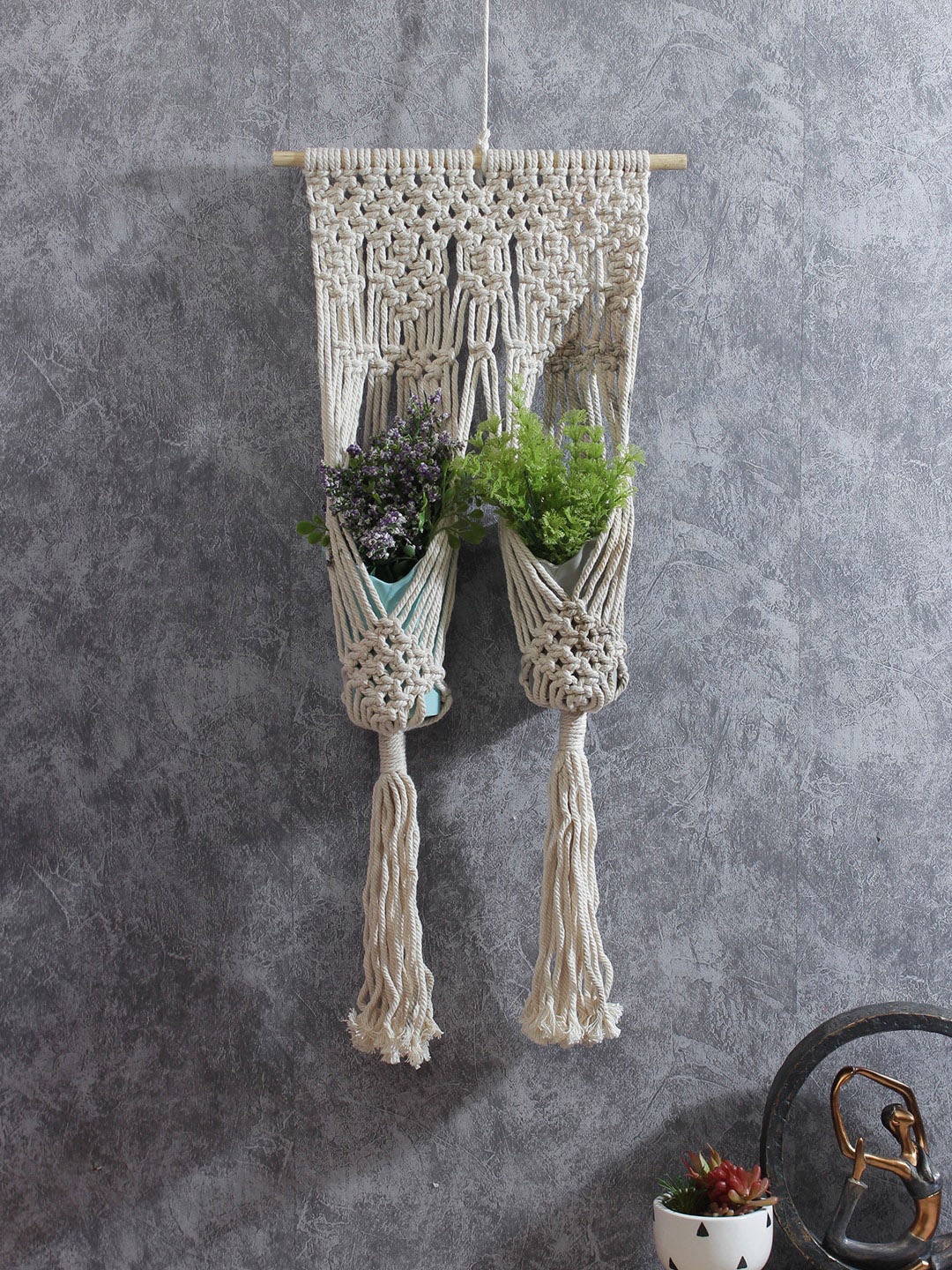 

Aapno Rajasthan White Hand-Knotted Cotton Hanging for 2 Planters