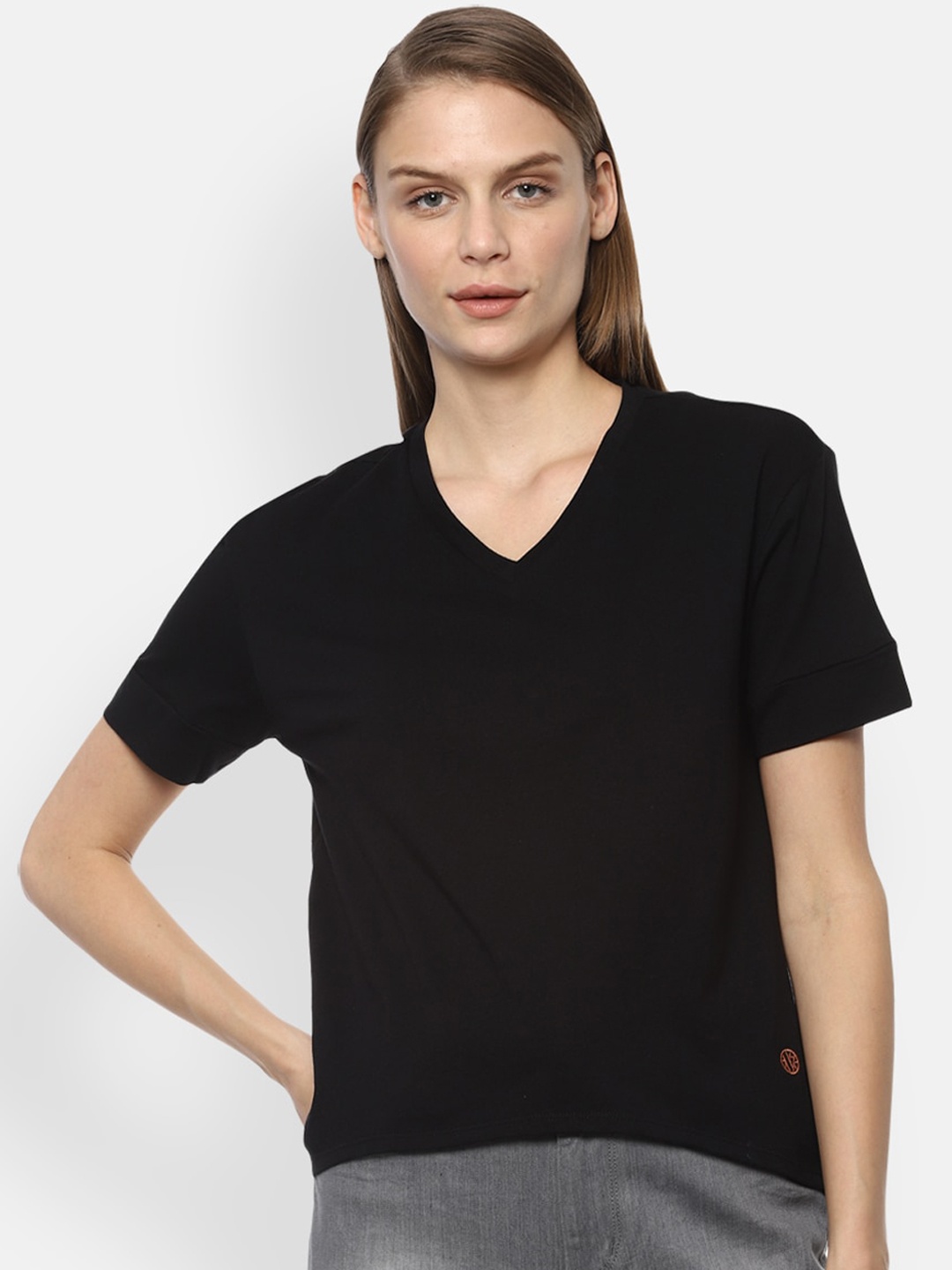 

Van Heusen Woman Women Black Solid V-Neck Cotton T-shirt