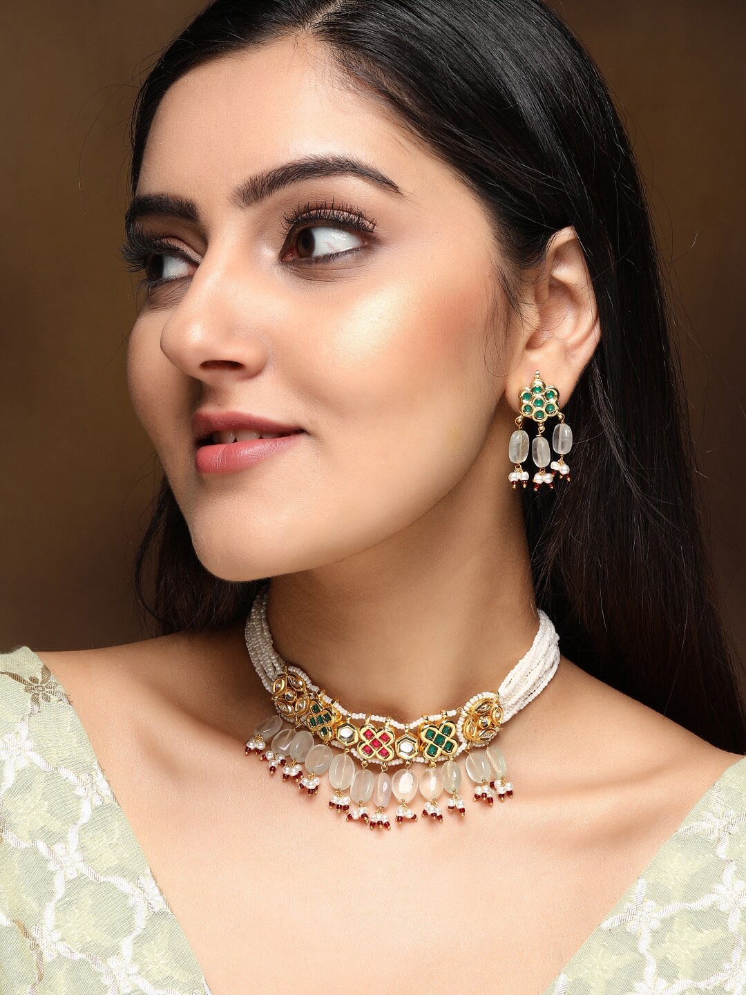 

Rubans 24K Gold-Plated White Kundan And Ruby-Studded Jewellery Set