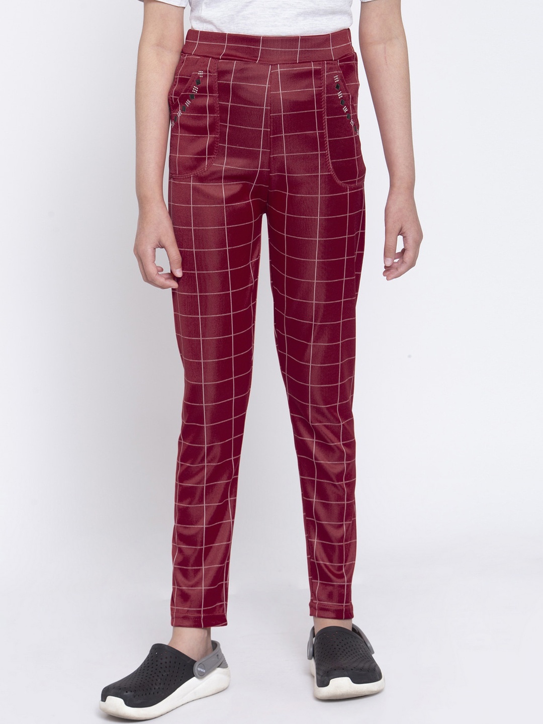 

Klotthe Girls Maroon & White Checked Slim-Fit Treggings