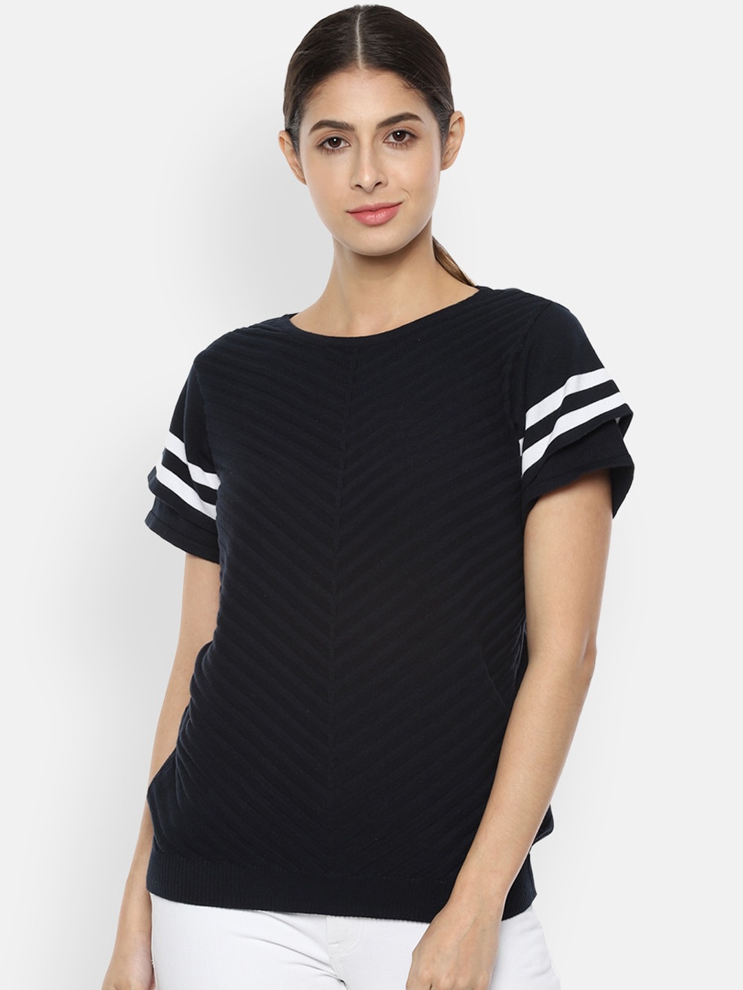 

Van Heusen Woman Navy Blue Self Striped Layered Pure Cotton Regular Top