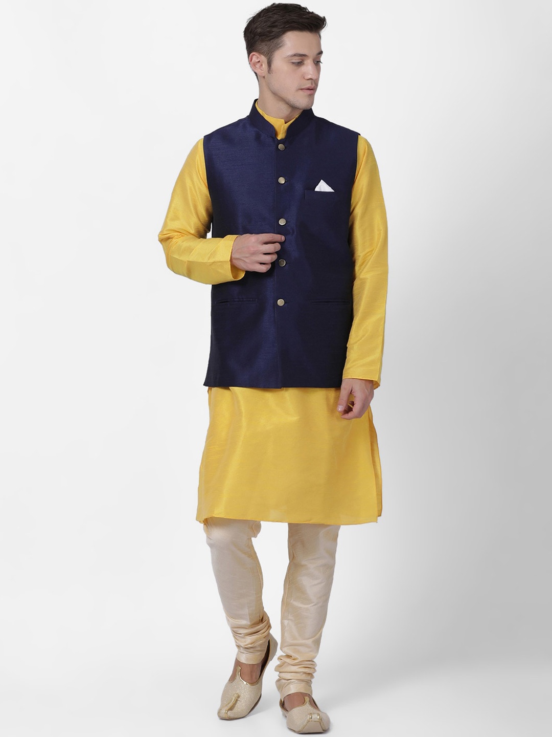 

TABARD Men Yellow & Gold-Coloured Dupion Silk Kurta with Churidar & Nehru Jacket