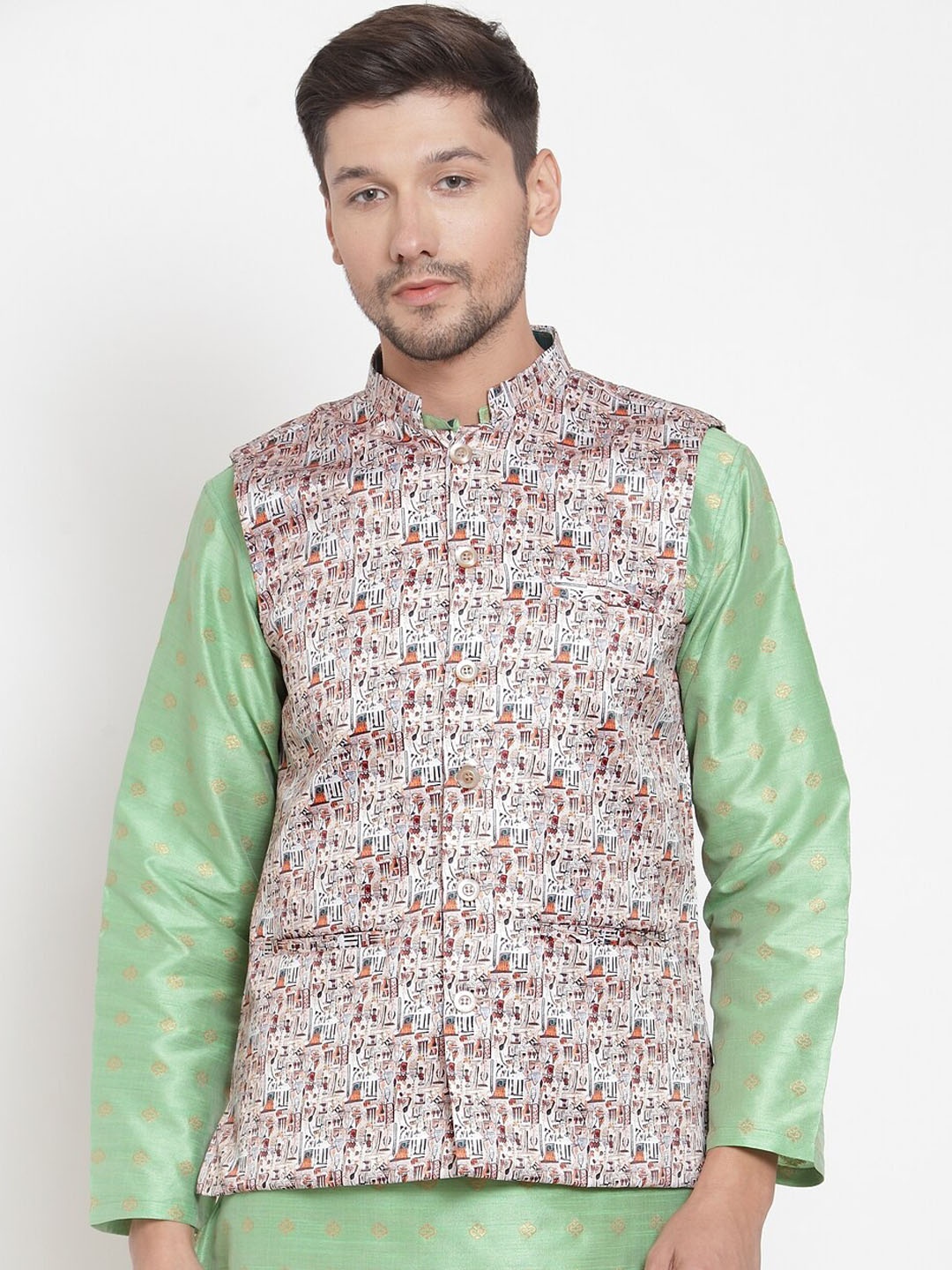 

KLOTTHE Printed Cotton Blend Nehru Jacket, Off white
