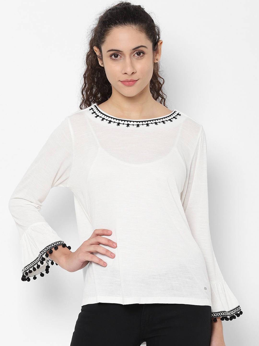 

Allen Solly Woman White Bell Sleeves Regular Top with Pom-Pom & Printed Detail