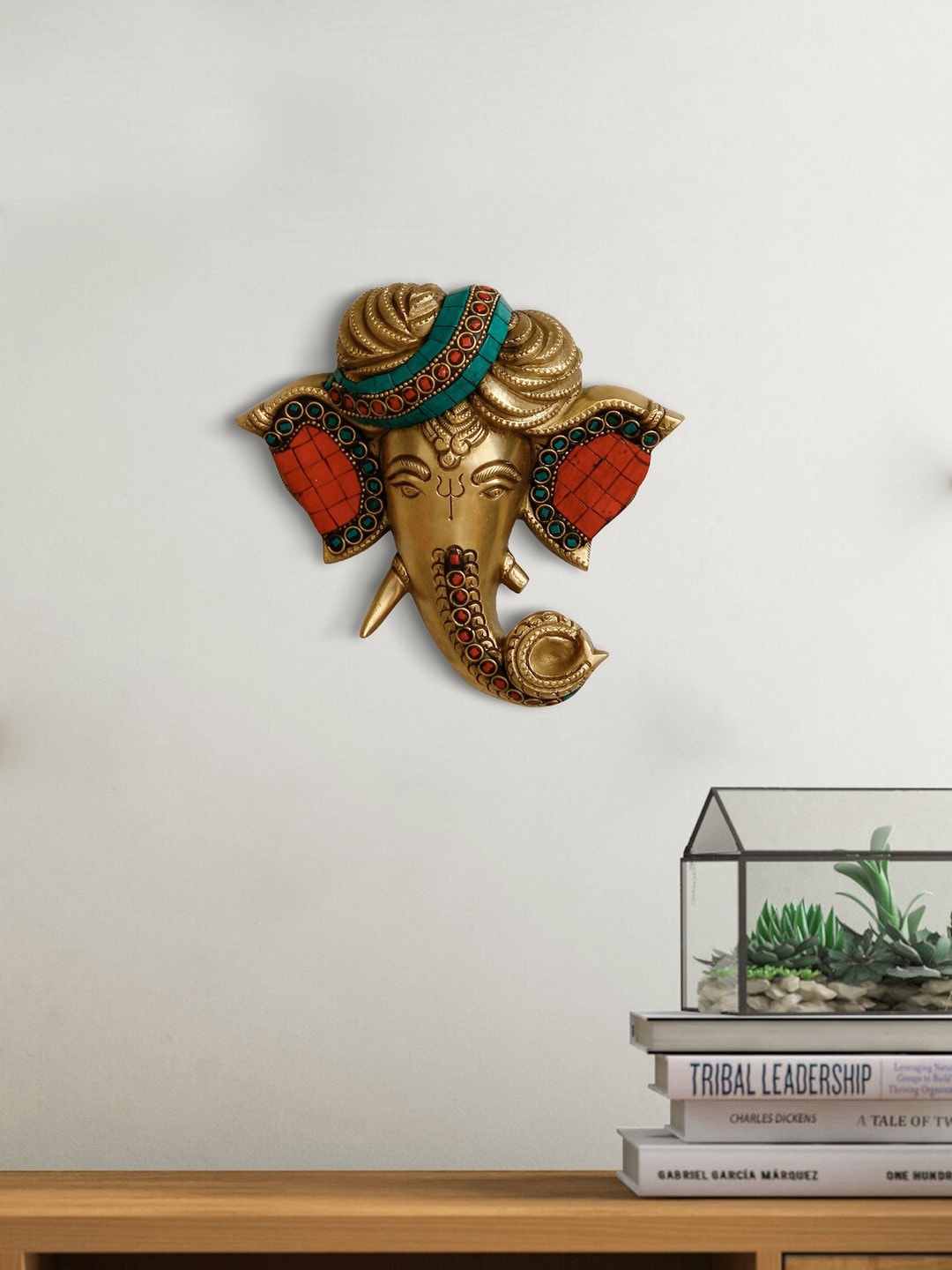 

eCraftIndia Gold & Red Handcrafted Paghdi Lord Ganesha Brass Wall Hanging Showpiece