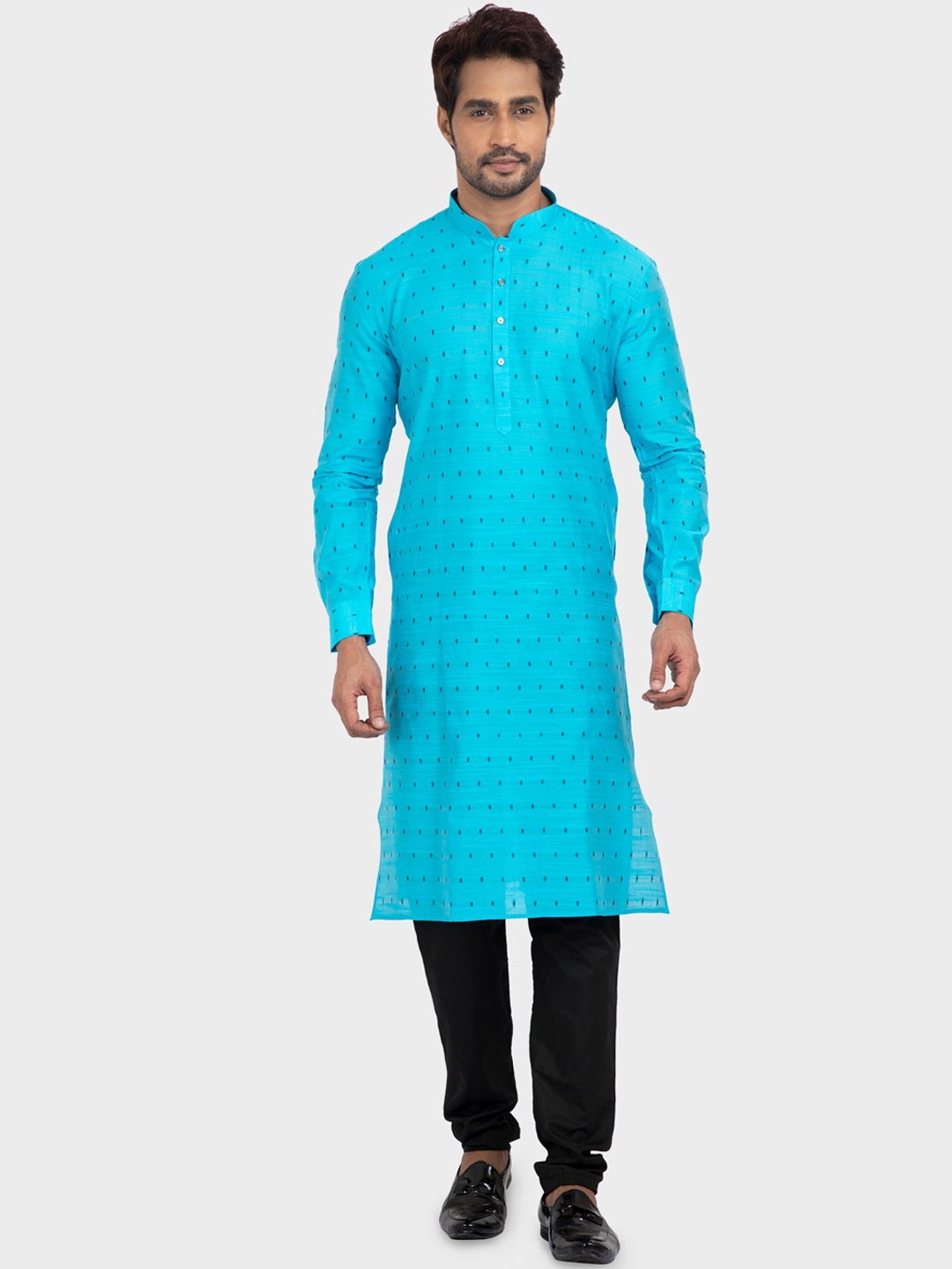 

N Dot Men Blue Woven Design Kurta with Churidar