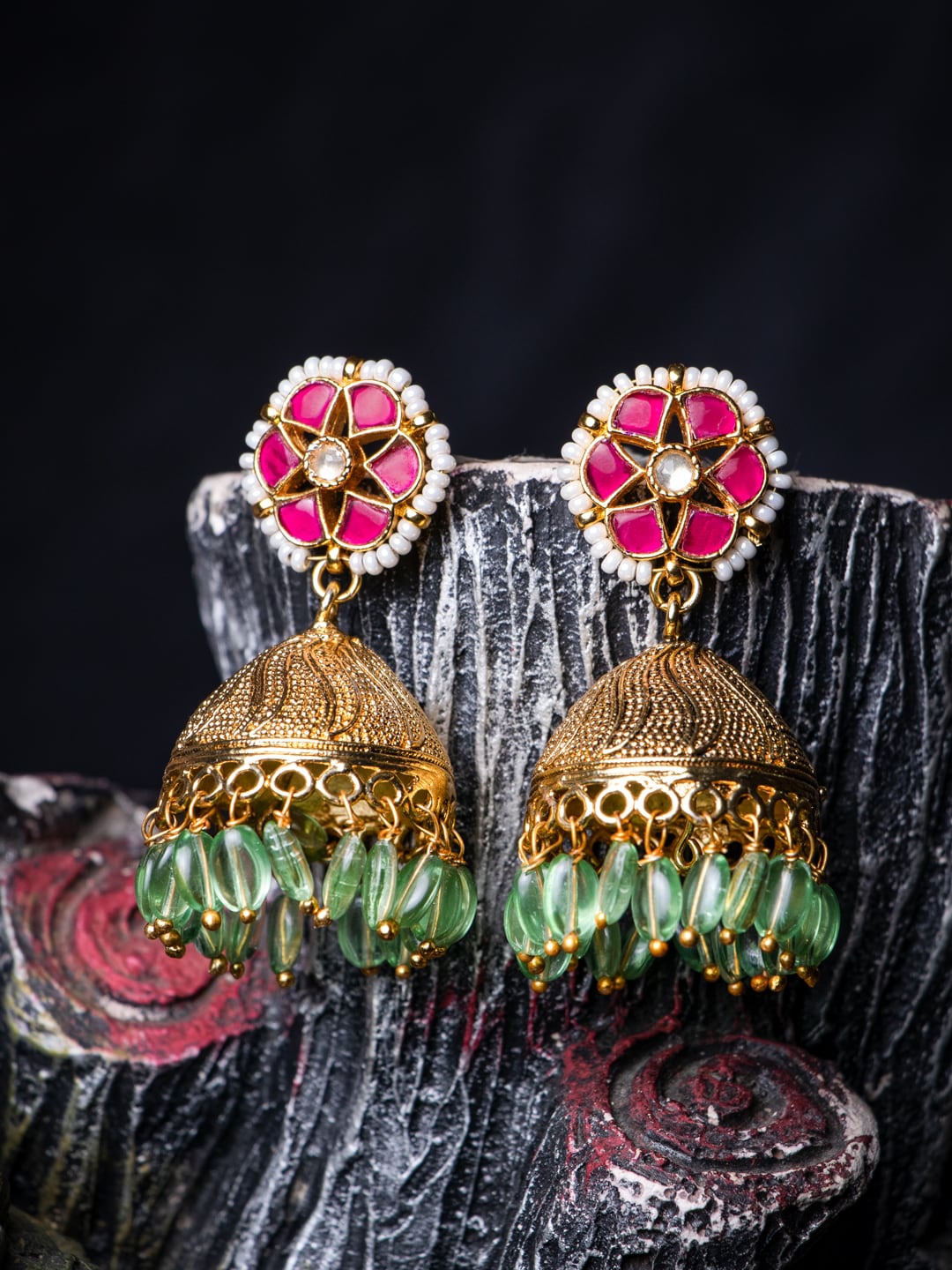 

MORKANTH JEWELLERY Women Pink& Green 24K Gold Plated Contemporary Jhumkas