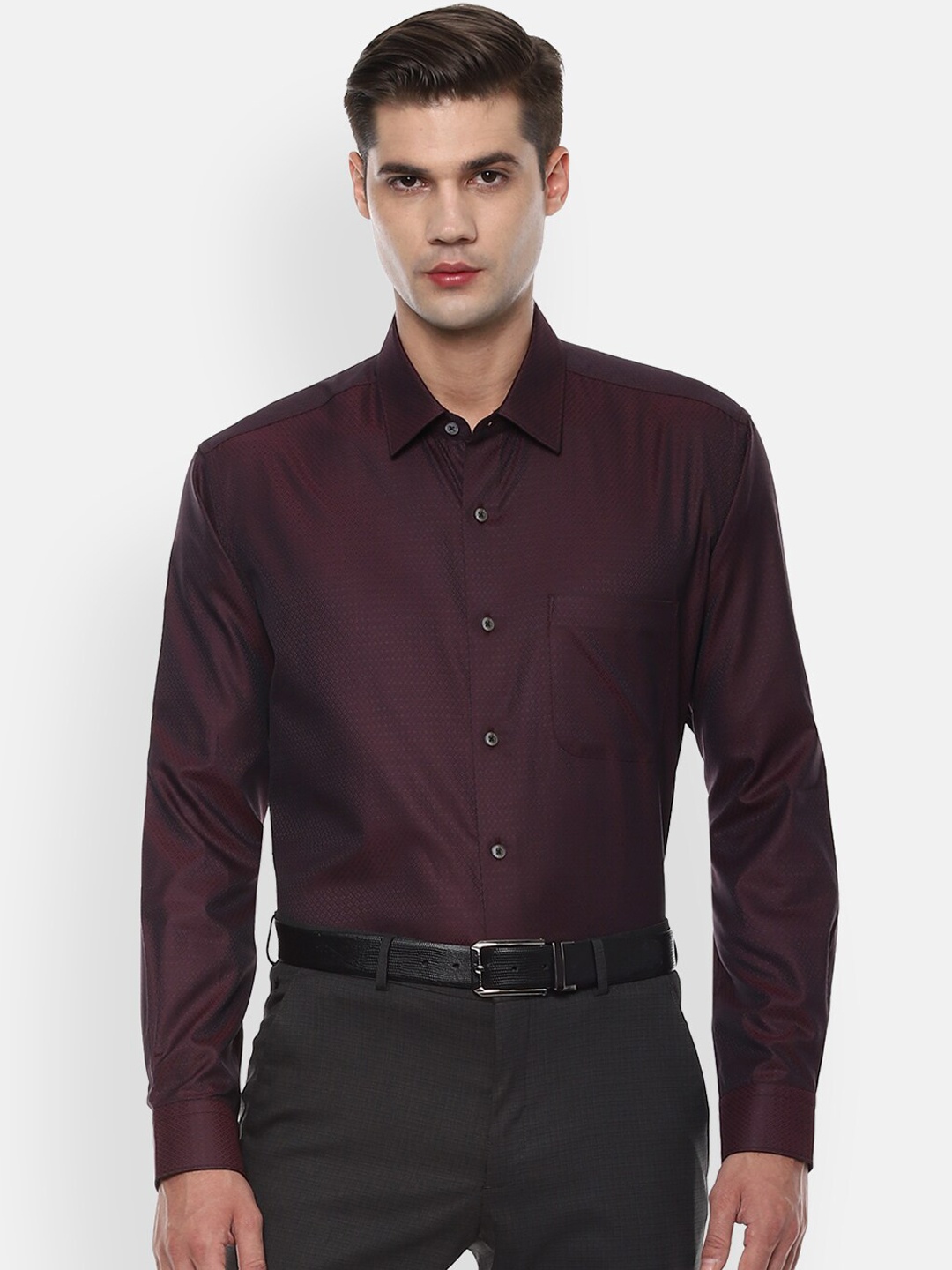 Luxure by Louis Philippe Men Maroon Regular Fit Self Design Casual Shirt