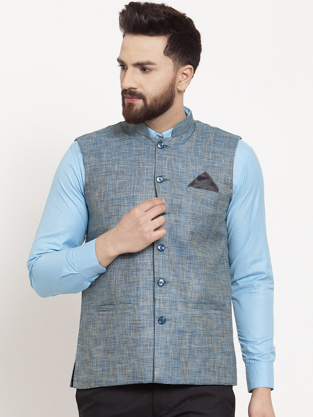 

KLOTTHE Men Blue Solid Cotton Blend Nehru Jacket