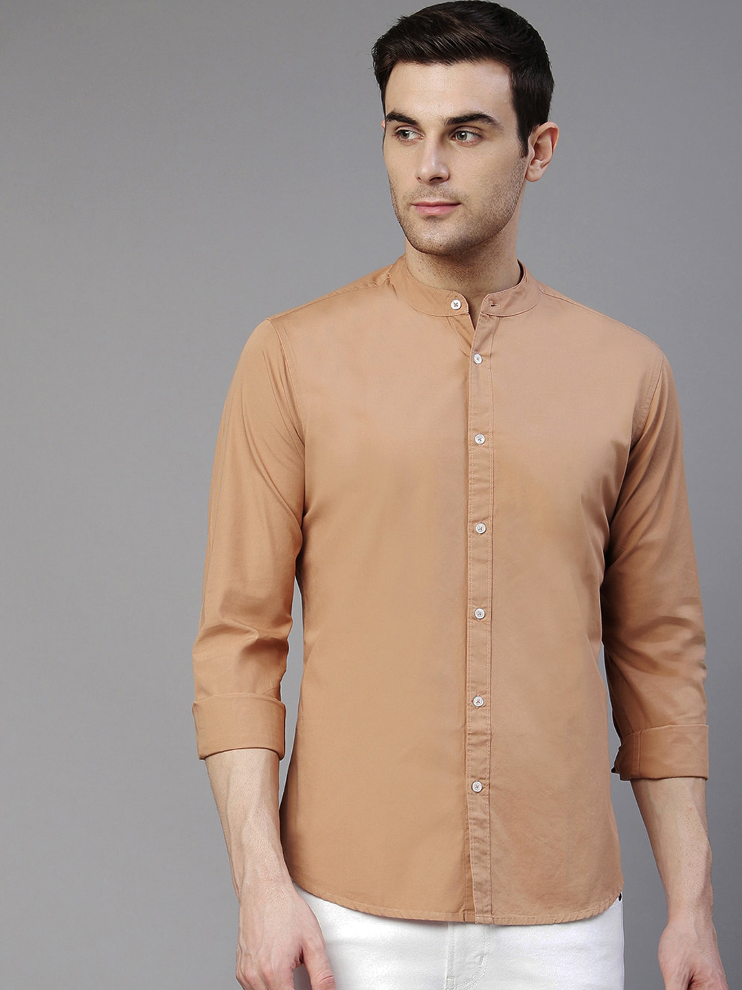 

Dennis Lingo Men Camel Brown Comfort Slim Fit Solid Pure Cotton Casual Shirt