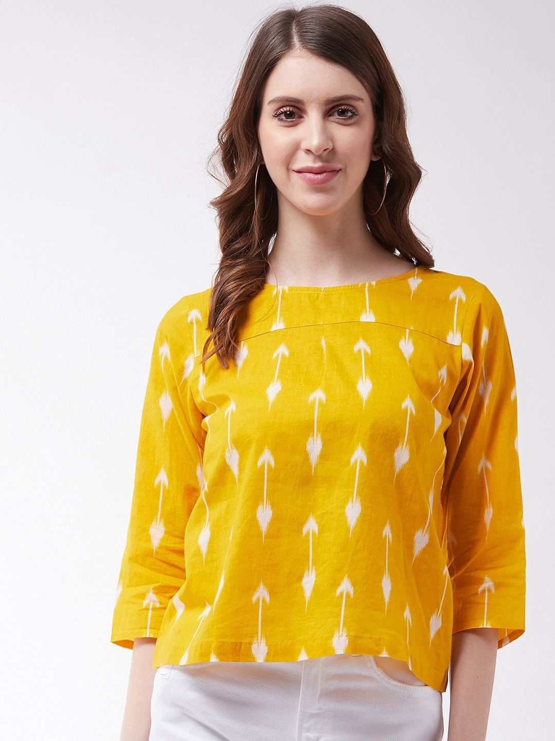 

InWeave Yellow & White Geometric Printed Pure Cotton Regular Top