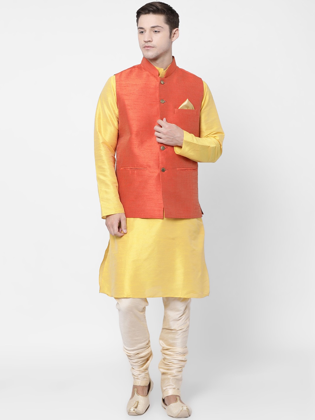 

TABARD Men Yellow & Peach-Coloured Solid Kurta with Churidar