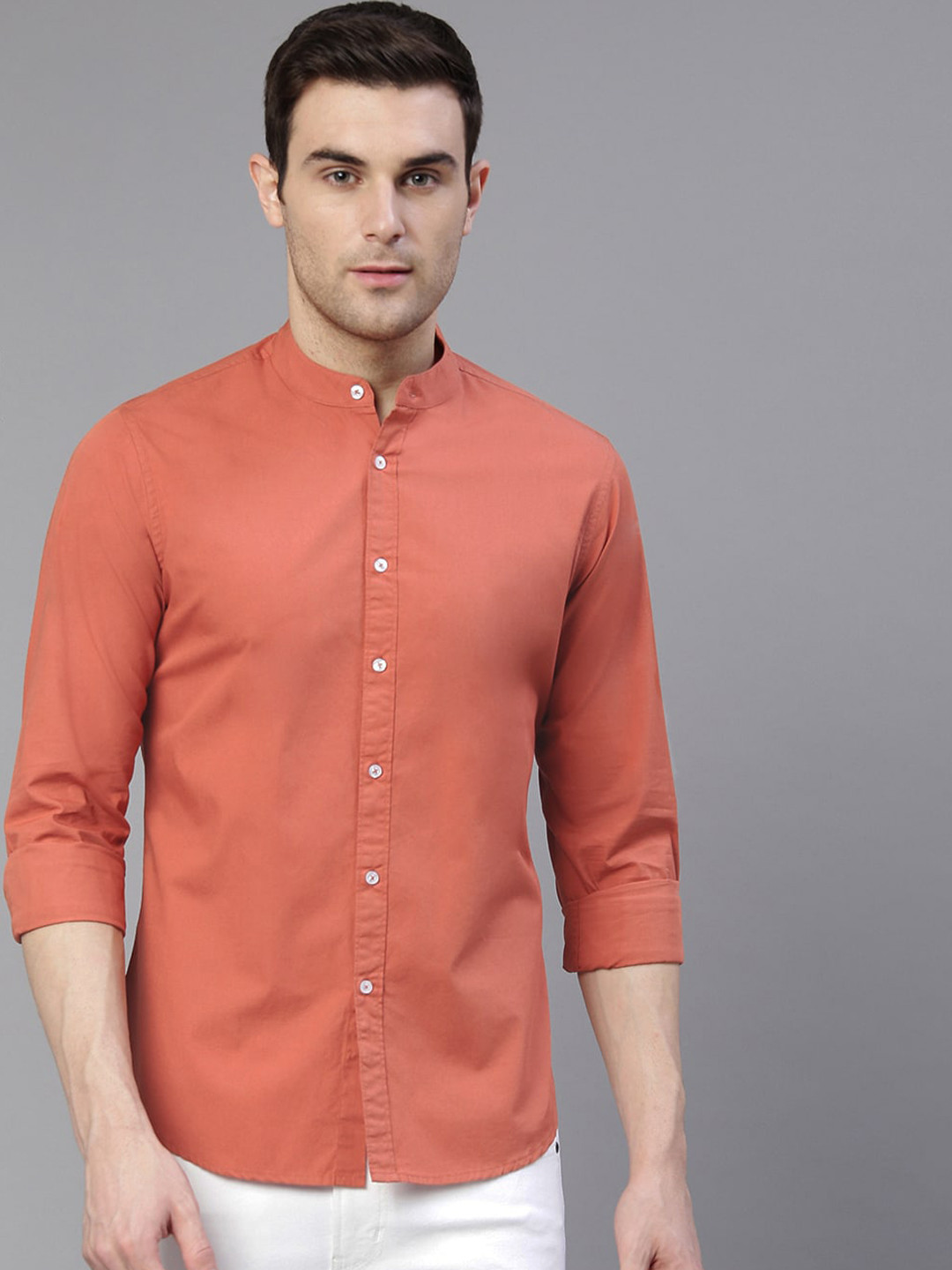 

Dennis Lingo Men Orange Comfort Slim Fit Solid Pure Cotton Casual Shirt