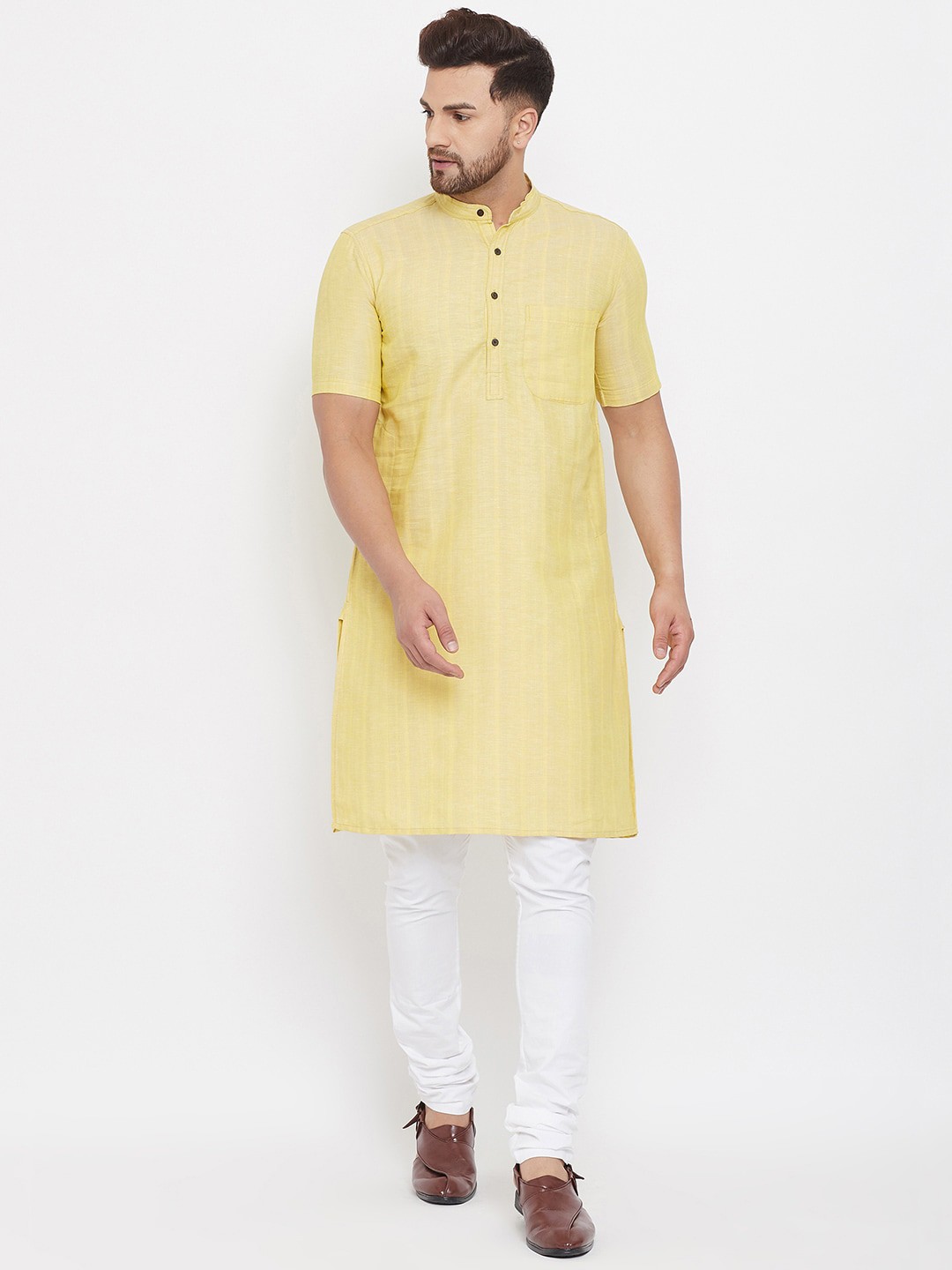 

even Men Yellow Striped Pure Linen Straight Kurta