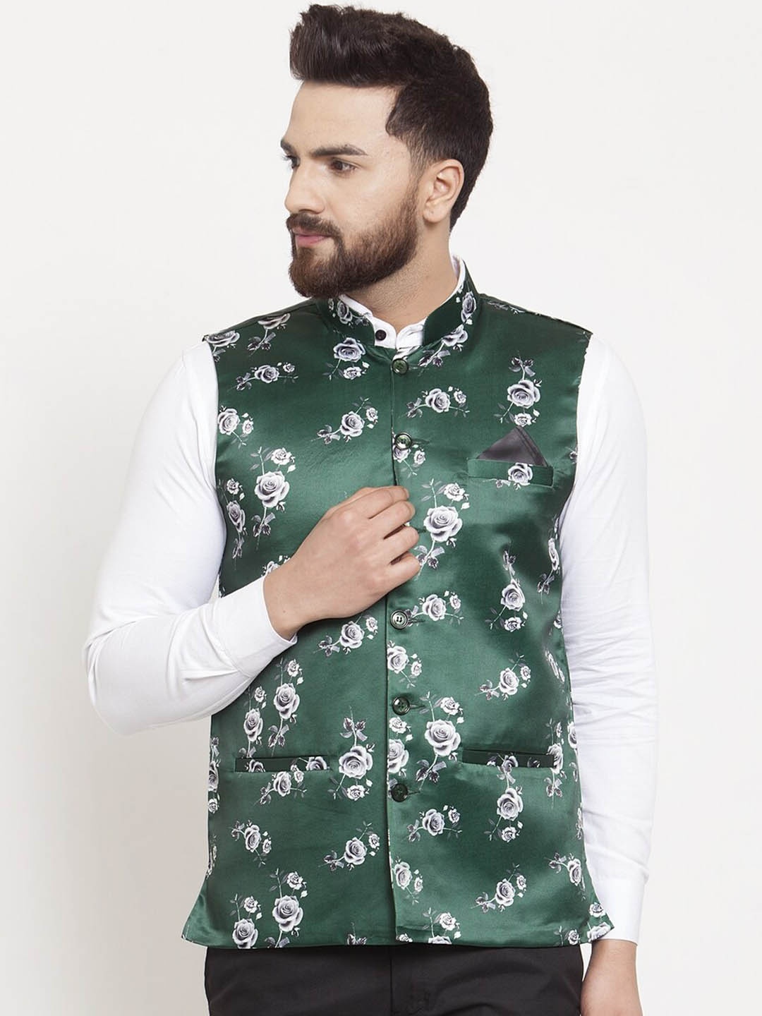 

KLOTTHE Men Green Printed Cotton Nehru Jacket