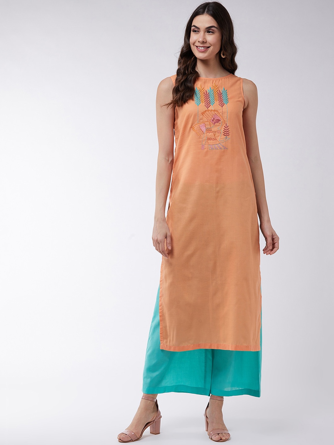 

Pannkh Women Orange & Blue Yoke Design Kurta with Palazzos