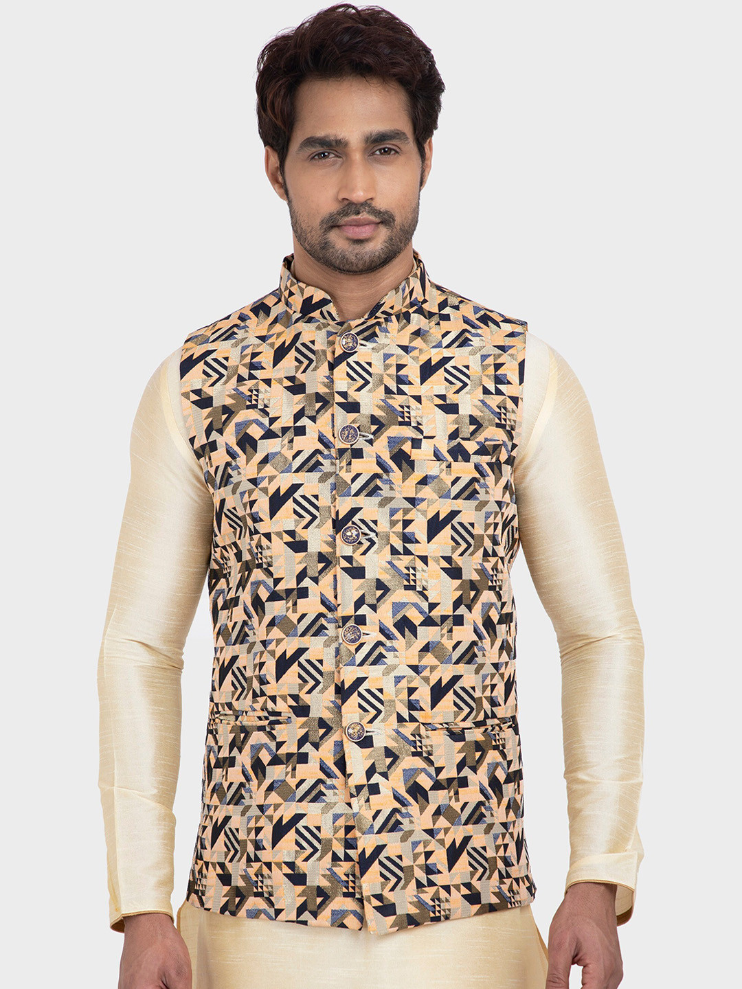 

N Dot Men Multicoloured Printed Nehru Jacket, Multi