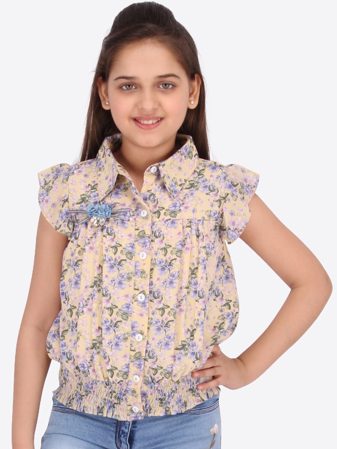 

CUTECUMBER Yellow Floral Printed Flutter Sleeves Georgette Shirt Style Top