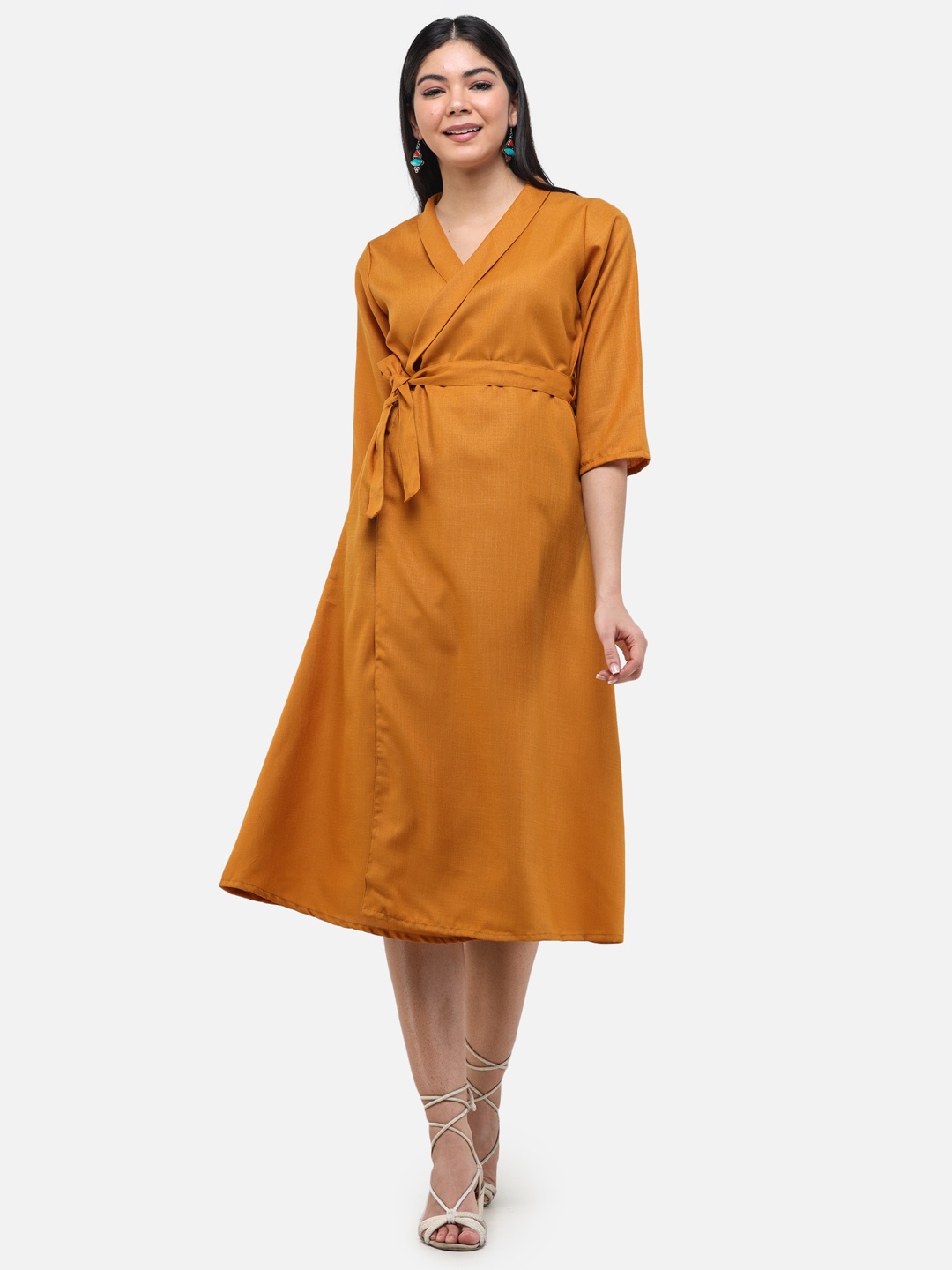 

DECHEN Women Mustard Yellow Linen Blend Solid Wrap Dress with Belt