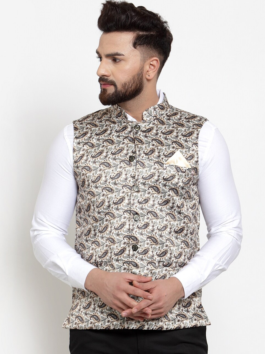 

KLOTTHE Men Brown & White Printed Nehru Jacket