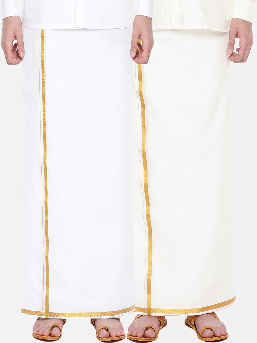 

Ramraj Men Pack of 2 Pure Cotton Single Layer Dhoti with Gold Zari Border, Cream