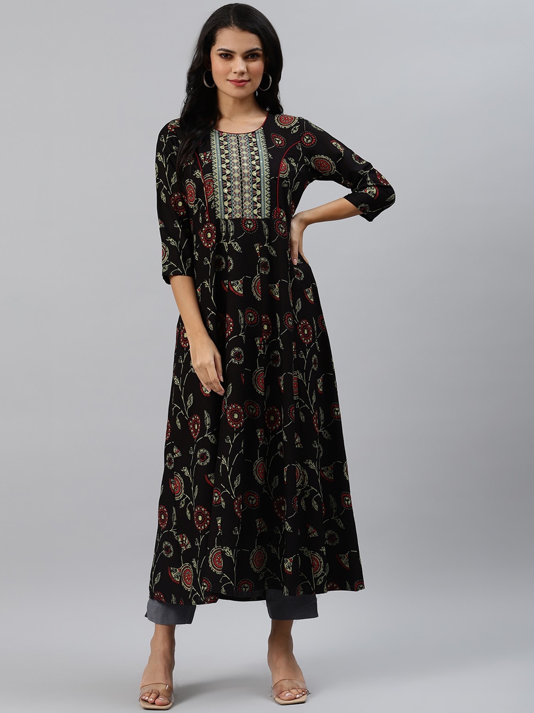 

Sringam Women Black Floral Printed Fit and Flare Dress