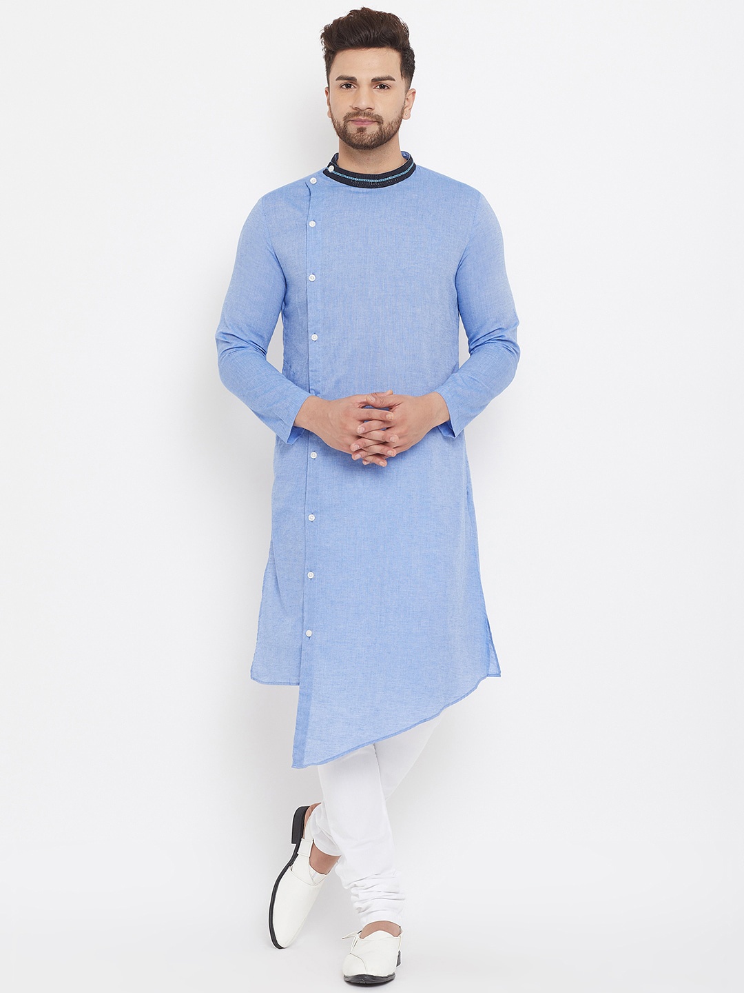 

even Men Blue Solid Pure Cotton Asymmetrical Kurta