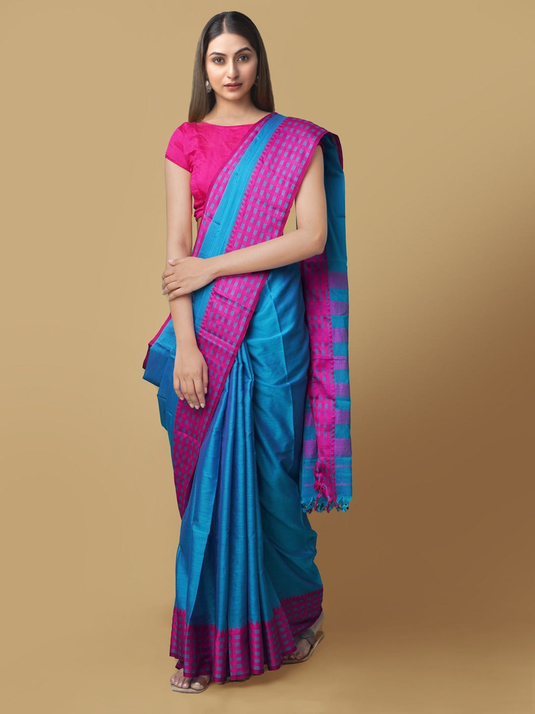 

Unnati Silks Blue Pure Cotton Solid Handloom Narayan Peth Saree