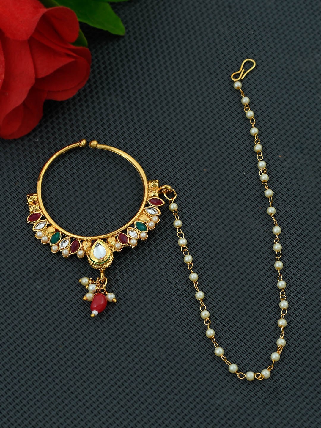 

Silvermerc Designs Gold-Plated Red & White Stone-Studded Pearl Beaded Enameled Chained Nose Ring