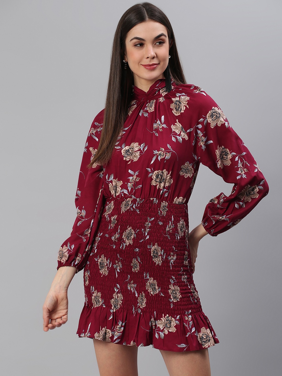 

Cation Women Maroon & Beige Printed Smocked Sheath Dress