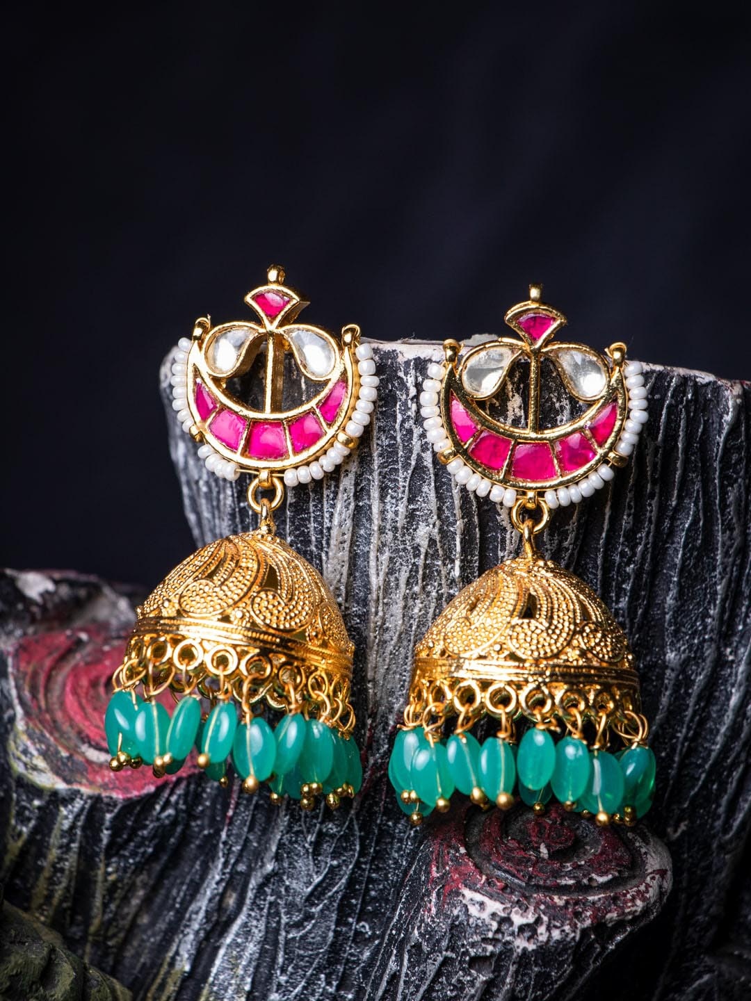 

MORKANTH JEWELLERY 24K Gold-Plated & Pink Kundan Dome Shaped Jhumkas