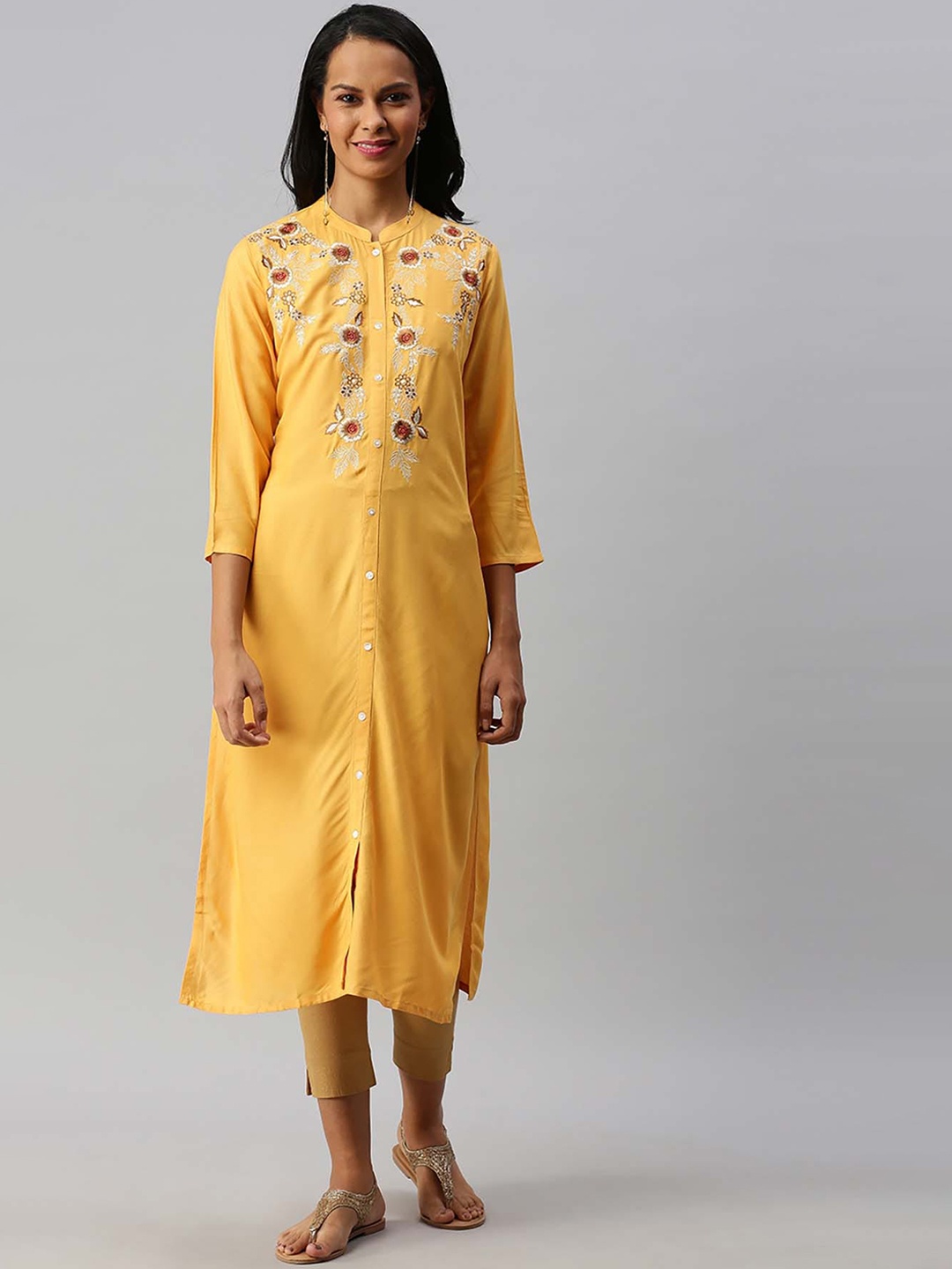 

Soch Women Yellow & White Floral Embroidered Thread Work Kurta