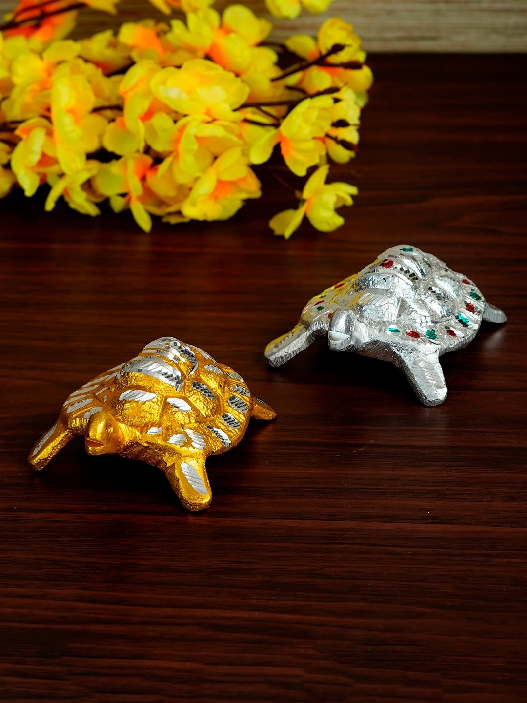 

eCraftIndia Set of 2 Engraved & Handcrafted Tortoise Feng Shui Showpieces, Gold