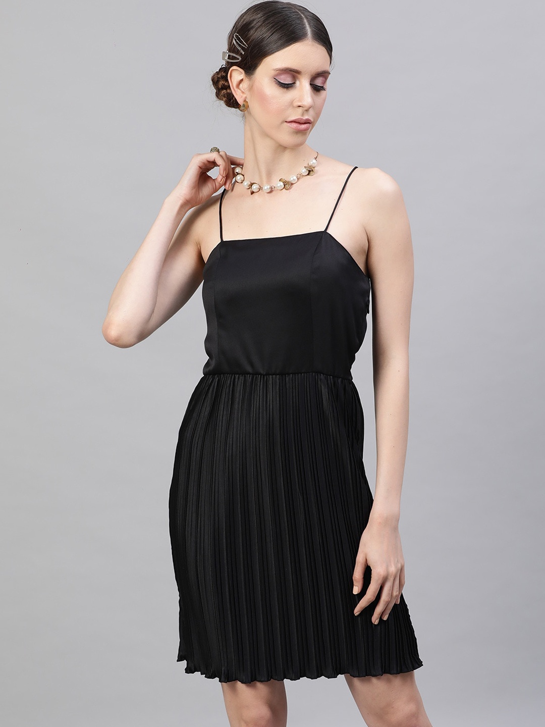 

STREET 9 Women Black Solid Satin Pleated A-Line Dress