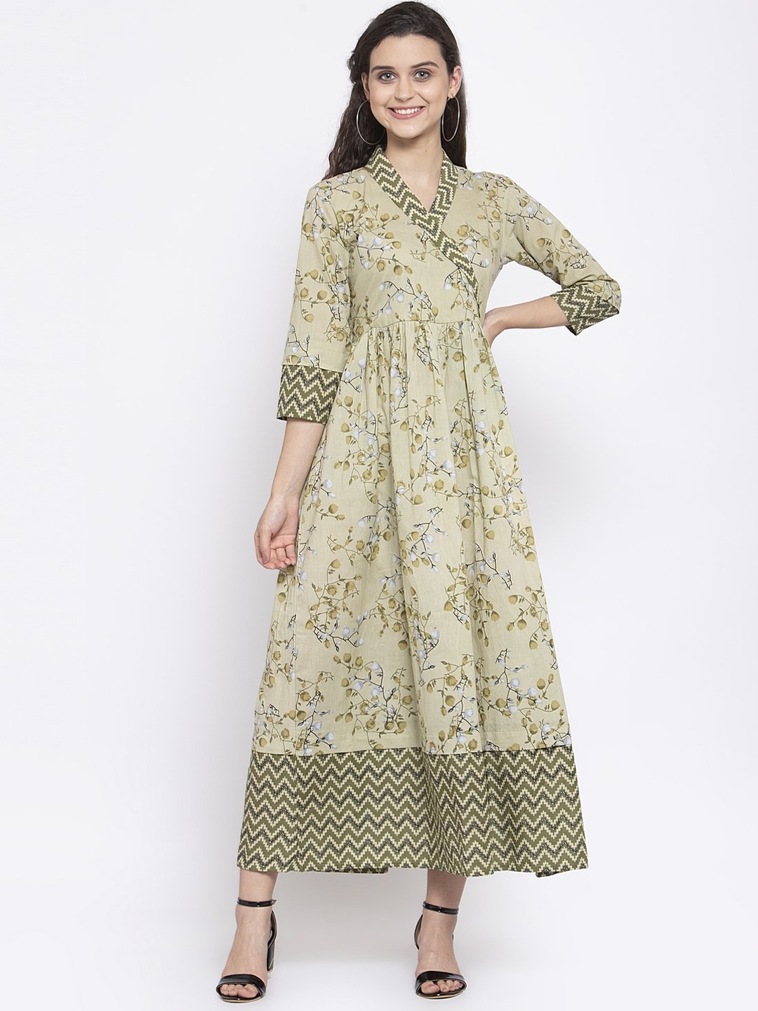 

Indibelle Women Beige & Green Floral Printed Shawl Neck Angrakha Kurta