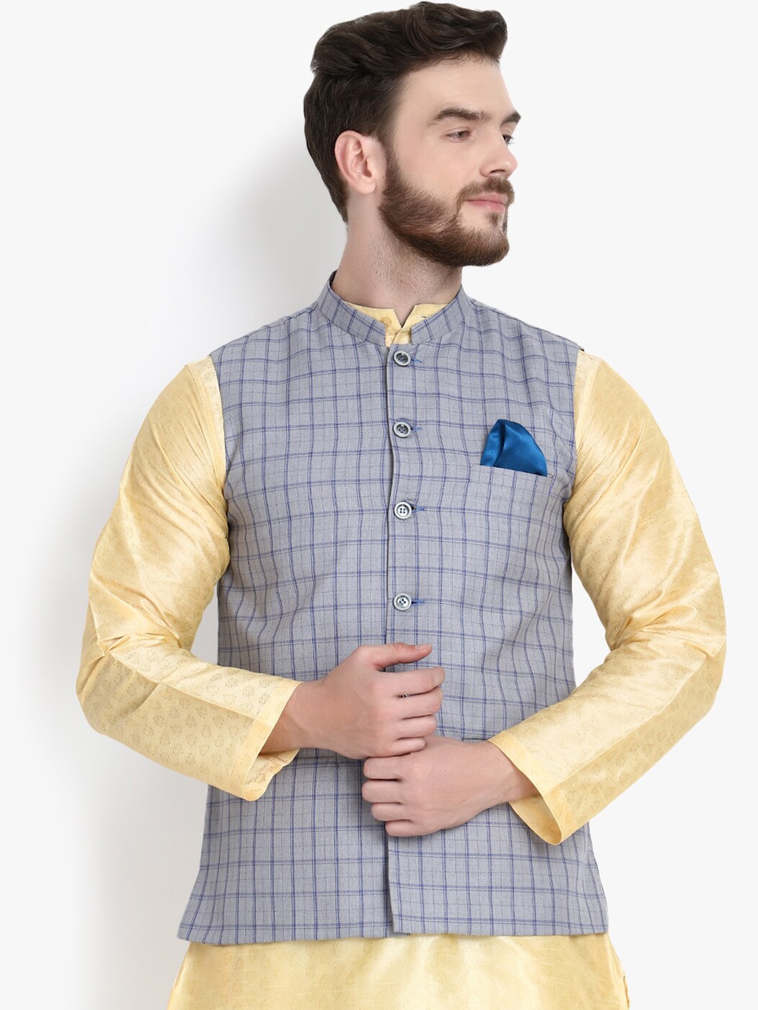 

KLOTTHE Men Grey & Blue Checked Nehru Jacket