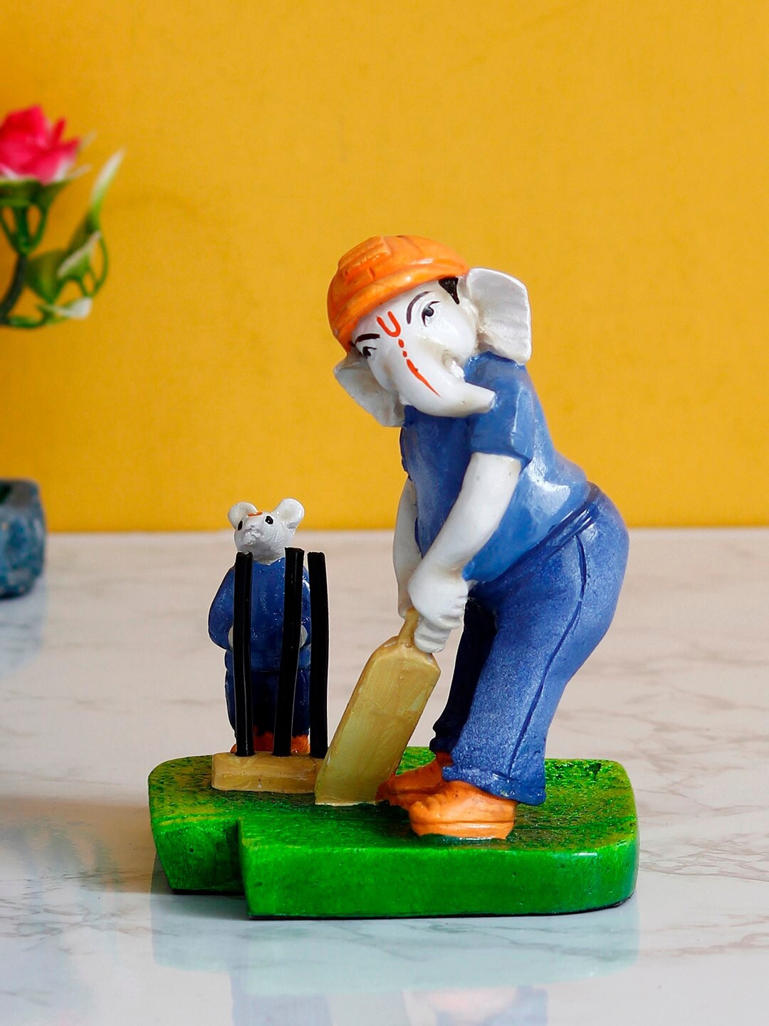 

eCraftIndia Orange & Blue Lord Ganesha Playing Cricket With Mushak Colorful Handcrafted Decorative Figurine Showpiece