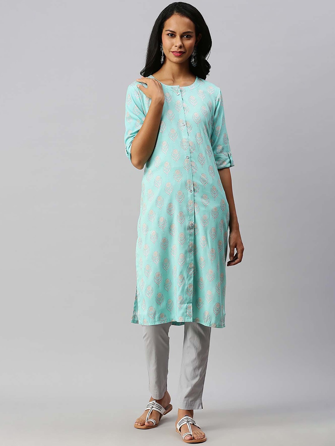 

Soch Women Blue & White Ethnic Motifs Printed Pastels Kurta