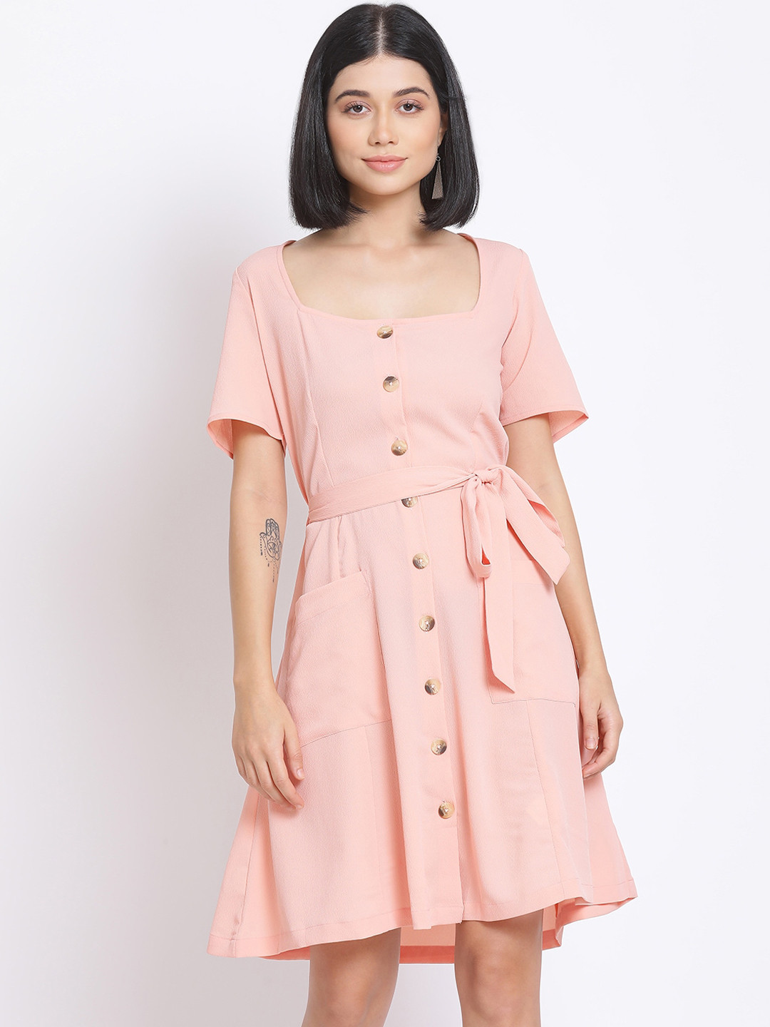 

Oxolloxo Women Peach-Coloured Solid A-Line Dress