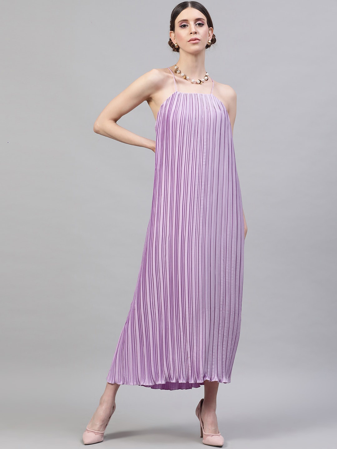 

STREET 9 Women Lavender Solid Satin Accordion Pleated Maxi Dress