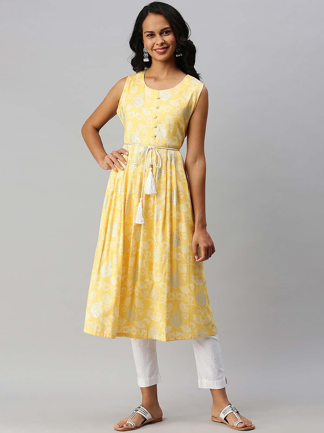 

Soch Women Yellow & White Ethnic Motifs Printed Kurta with Belt